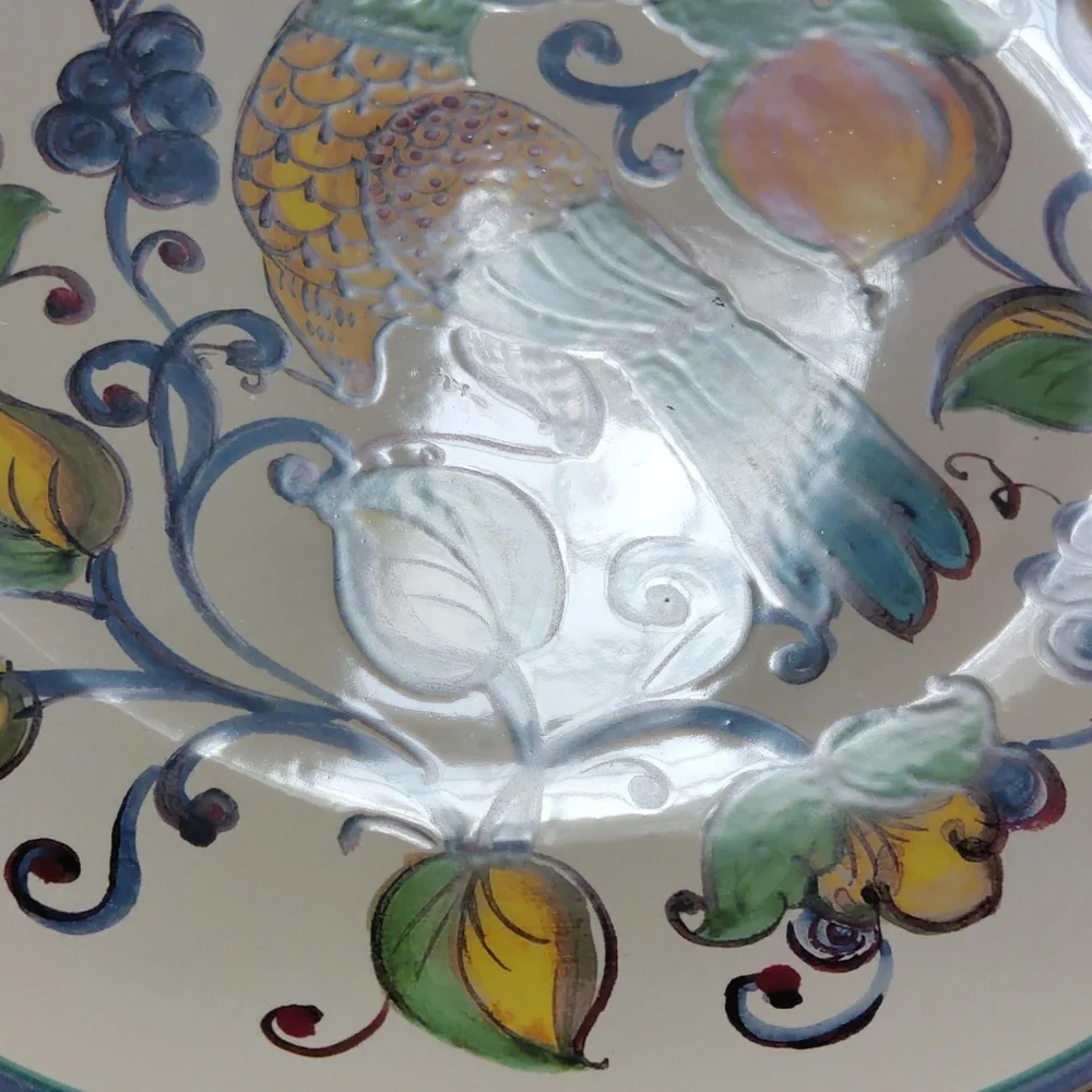 Sur La Table Hand-Painted Bird & Fruit Ceramic Plate — Blue, Green, Yellow